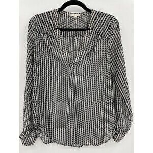 PLEIONE Black White Sheer Long Sleeve Roll Tab Blouse Top Size M